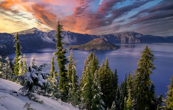 Картинка Oregon, sunset, snow, Crater Lake, volcanic
