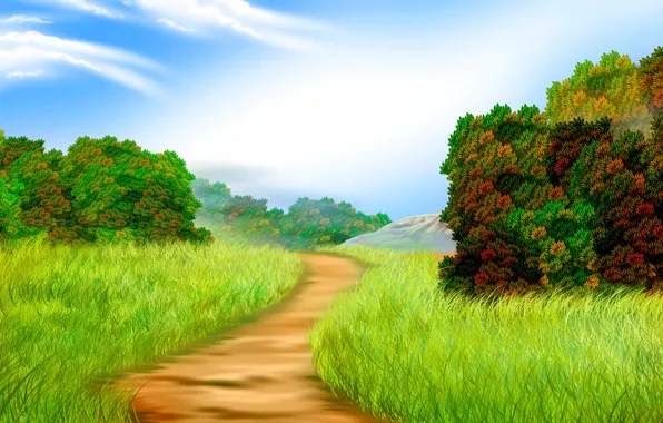 Картинка дорога, небо, трава, облака, деревья, холм