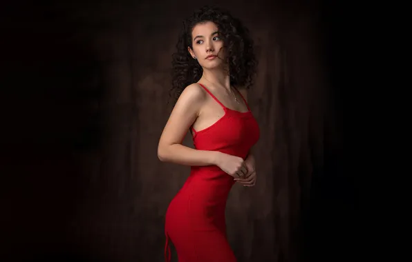 Девушка, фигура, studio, model, women, brunette, red dress, hips