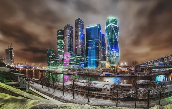 Картинка зима, дорога, снег, ночь, река, улица, обработка, Москва