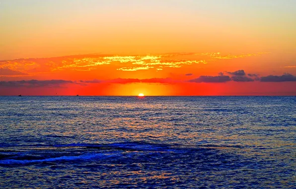 Море, облака, восход, лодки, горизонт, оранжевый небо