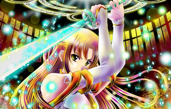 Девушка, меч, арт, sword art online, yuuki asuna, aka kitsune