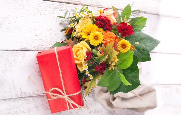 Картинка листья, цветы, подарок, розы, ромашки, букет, хризантемы, flowers