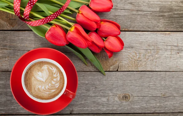 Кофе, тюльпаны, red, love, cup, romantic, tulips, valentine's day