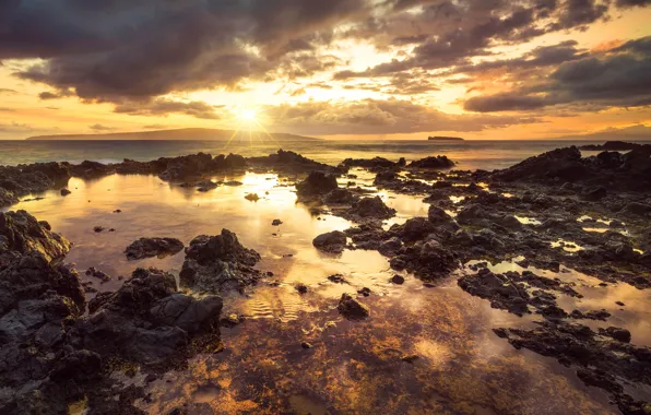 Картинка закат, берег, Гавайи, Makena Cove