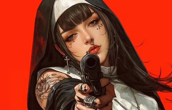 Картинка Girl, Gun, Anime, Red Background, Nun, Anime Girl, AI Generated