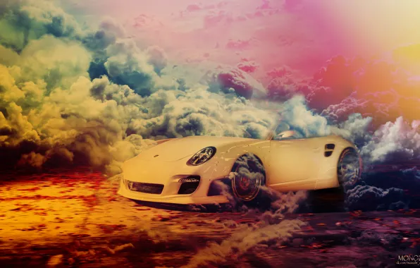 Car, белый, дым, 911, white, porsche, порше, smoke
