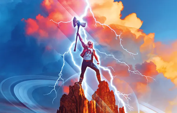 Скала, молнии, постер, комикс, секира, Thor, Тор, Крис Хемсворт