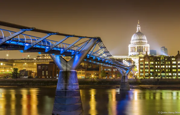 Картинка ночь, мост, огни, река, Лондон, дома, Великобритания, набережная