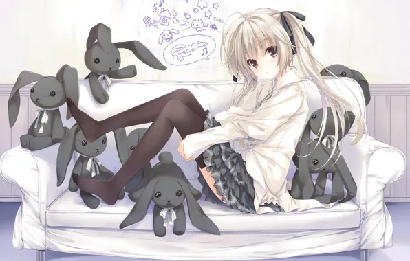 Картинка надписи, диван, игрушки, кролик, арт, девочка, kasugano sora, yosuga no sora