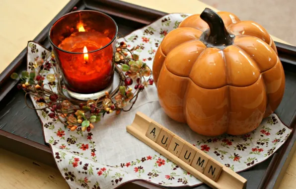 Photography, autumn, tray, pumpkin, decoration, candle, decor