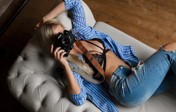 Nikon, girl, bra, long hair, breast, photo, photographer, camera