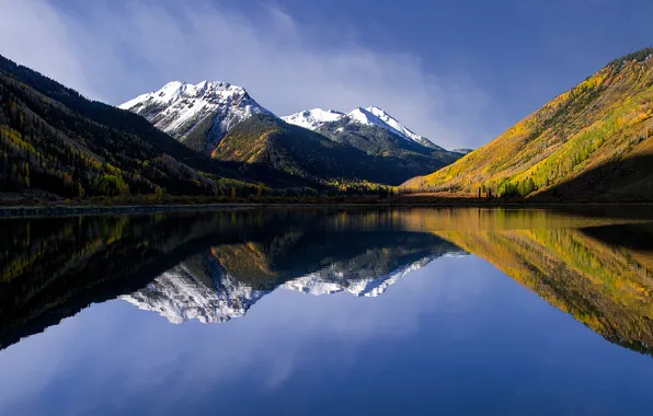 Осень, лес, снег, горы, озеро, отражение, синева, берег