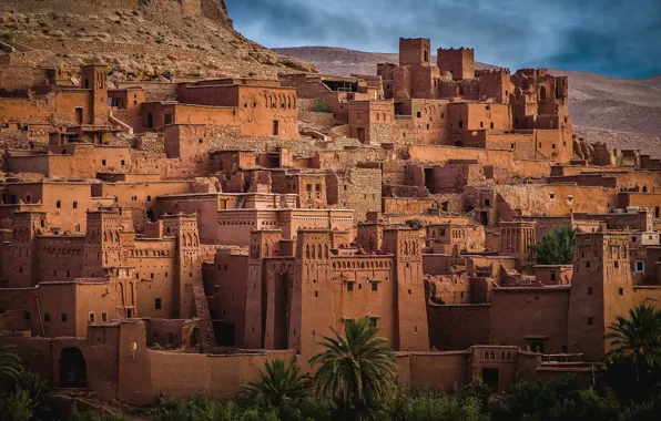 Город, пустыня, здания, дома, холм, Марокко, ксар, Айт-Бен-Хадду