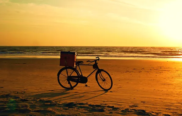 Bicycle, beach, bike, sunset