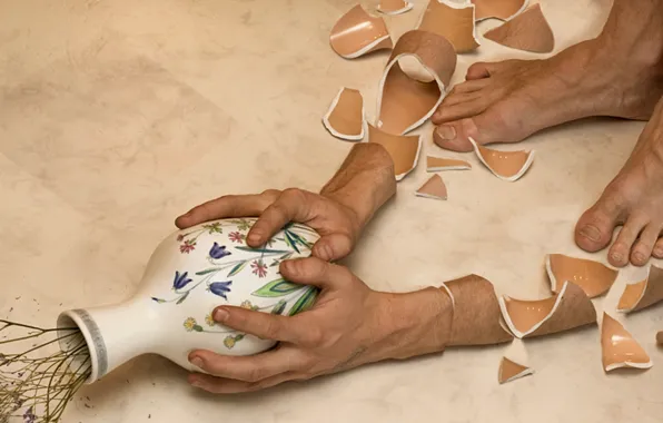 Flowers, broken, vase, shattered, pottery, cracked, ceramics, Erik Johansson