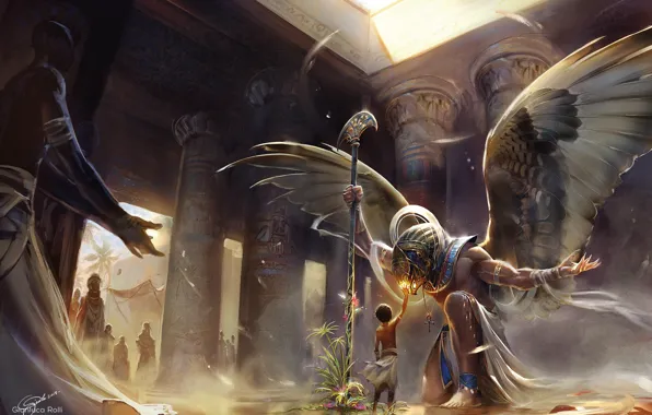 Картинка бог, крылья, мальчик, колонны, храм, Египет, wings, Egypt