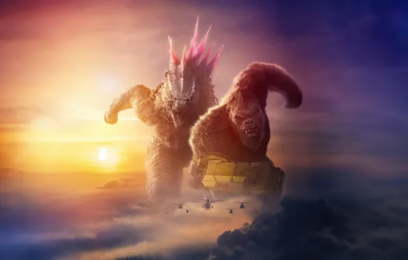 Солнце, облака, фон, фантастика, постер, вертолёты, Godzilla x Kong: The New Empire, Годзилла и Конг: …