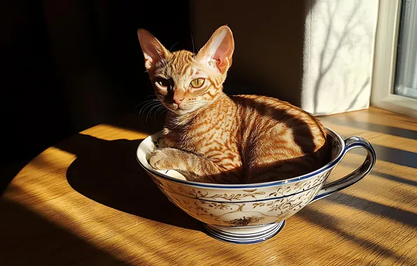 Кошка, свет, поза, полосы, котенок, стол, окно, рыжий