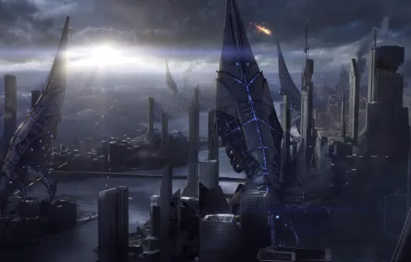Картинка солнце, город, земля, война, Mass Effect, жнецы