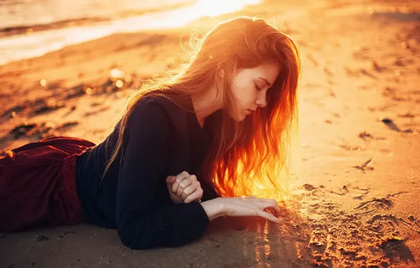 Girl, beach, twilight, Model, long hair, brown hair, photo, sunset