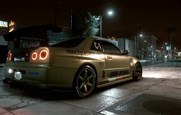 Улица, Nissan skyline, ночь город, Need for Speed 2015, GTR R34, top secret copy