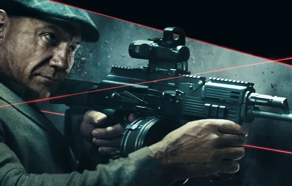Кепка, лазеры, боевик, постер, пулемёт, Dave Bautista, Дэйв Батиста, Escape Plan 2: Hades