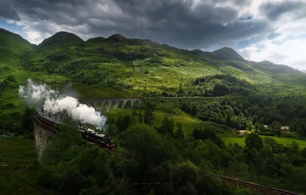 Горы, мост, поезд, паровоз, Шотландия