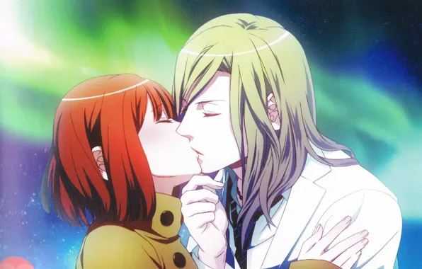 Сияние, рука, поцелуй, рыжая, двое, закрытые глаза, uta no prince-sama, camus