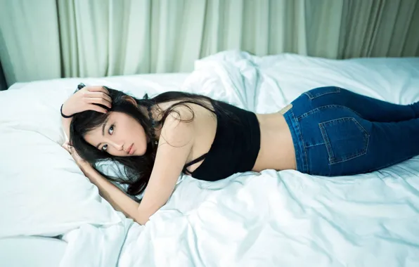 Beautiful, Asian, Model, Bed, Denim, Woman, Lying Down, Jeans