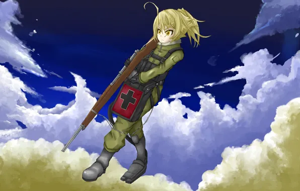 Girl, gun, soldier, sky, military, weapon, war, anime