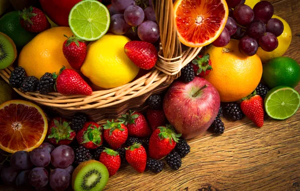 Ягоды, яблоки, апельсины, клубника, виноград, лайм, фрукты, ежевика