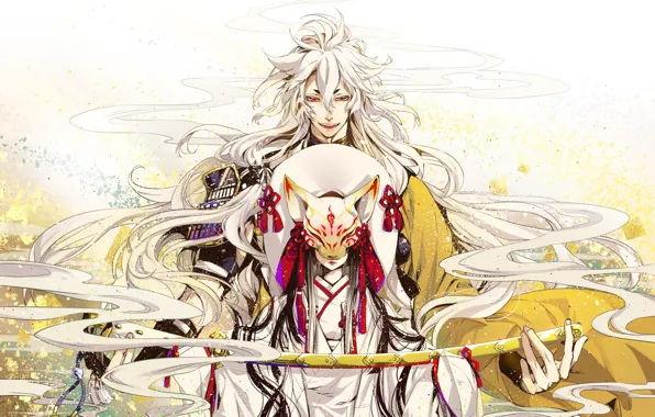 Девушка, меч, аниме, маска, арт, парень, блондин, Touken Ranbu