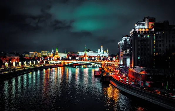 Ночь, Москва, Кремль, Россия, Красная площадь, Москва-река