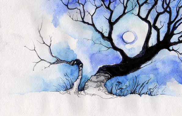 Картинка белый, синий, дерево, луна, рисунок, deviantart, sulamith