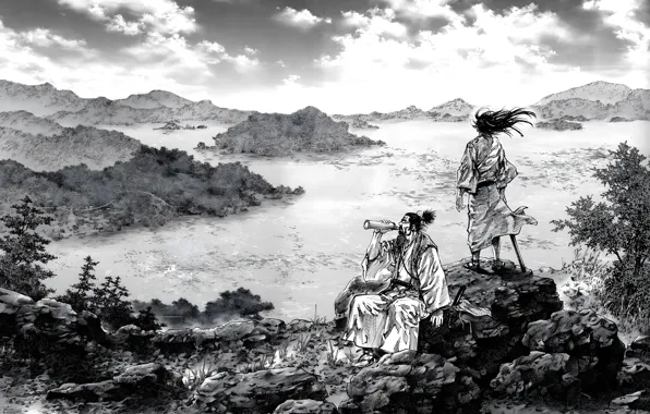 Двое, Пейзаж, Мужчины, Манга, Черно-белое, Manga, Бродяга, Миямото Мусаси