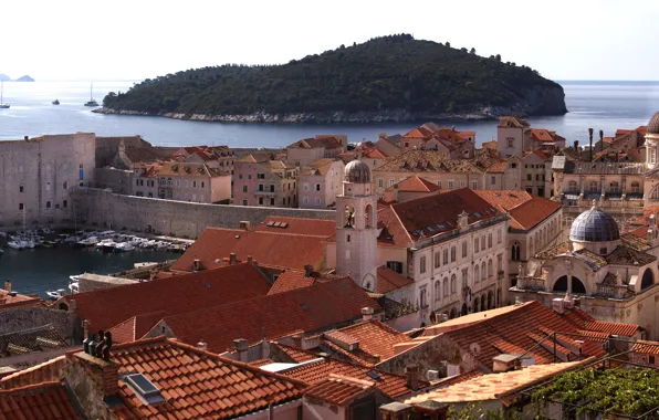 Остров, здания, дома, крыши, панорама, крепость, Хорватия, Croatia