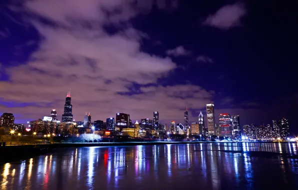 Картинка ночь, огни, Чикаго, США, набережная, небоскрёбы, озеро Мичиган, штат Иллинойс