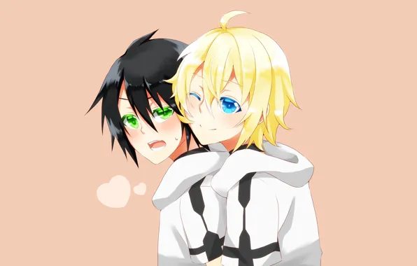 Owari no Seraph, Последний серафим, Юичиро Хакуя, Микаэла Хакуя, персиковый фон
