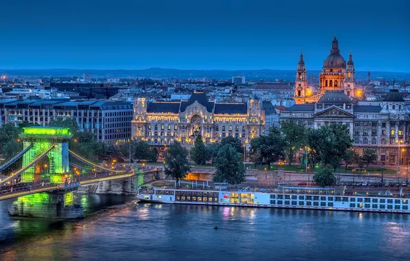 Город, река, вид, собор, храм, Венгрия, Будапешт, Дунай