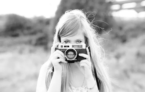 Картинка взгляд, природа, Девушка, фотоаппарат, блондинка