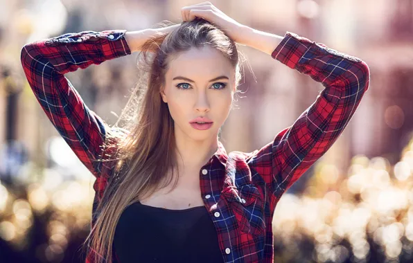 Девушка, солнце, поза, блики, макияж, прическа, рубашка, красотка