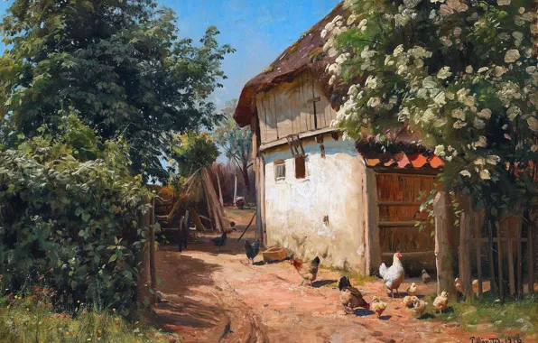 Картинка Дома, Деревья, Картина, Цыплята, Peder Mork Monsted, Петер Мёрк Мёнстед, Peder Mørk Mønsted, Куры