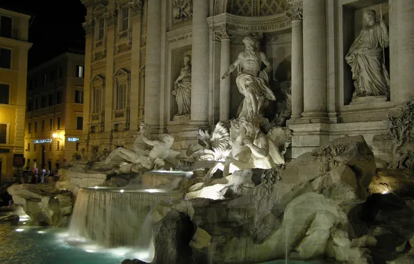 Картинка вода, огни, дома, вечер, фонтан, скульптура, италия, рим