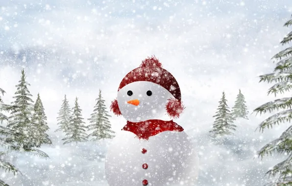 Картинка зима, снег, природа, елки, Снеговик