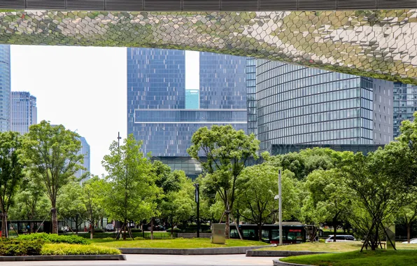 Деревья, столбы, здания, будка, UNStudio's Raffles City Hangzhou