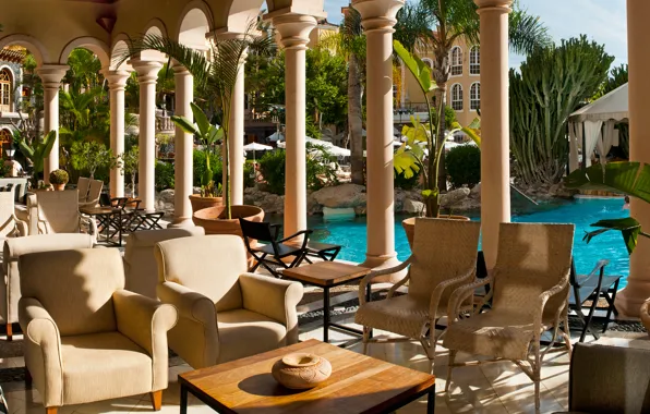 Архитектура, терраса, курорт, колонны, отель, зелень, вилла, hotel Bahia del Duque
