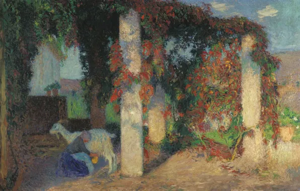 Картина, жанровая, Анри-Жан Гильом Мартин, Henri Matrin, Young Girl Milking the Goat in the Arbour …