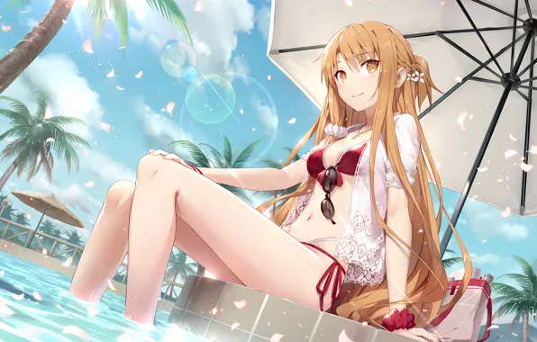 Girl, sexy, pool, cleavage, sky, long hair, legs, boobs