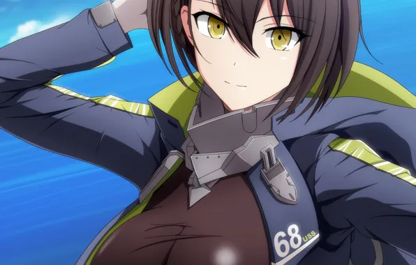 Girl, sexy, blouse, sky, sea, brown hair, boobs, anime